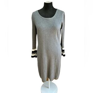 Calvin Klein light grey sweater with black and white striped bell sleeves, sz L
